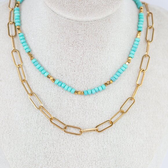 Turquoise BUNDLE WATERPROOF Gold Chunky Chain & Turquoise Beaded Necklace PRETTY - Picture 1 of 10